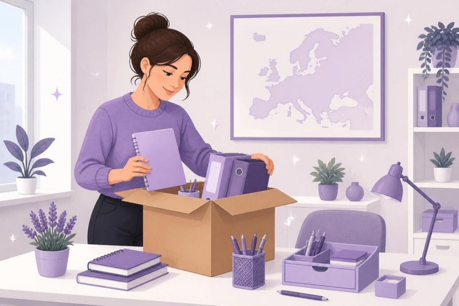 Illustration: en medarbejder pakker kontorartikler ud foran et Europakort