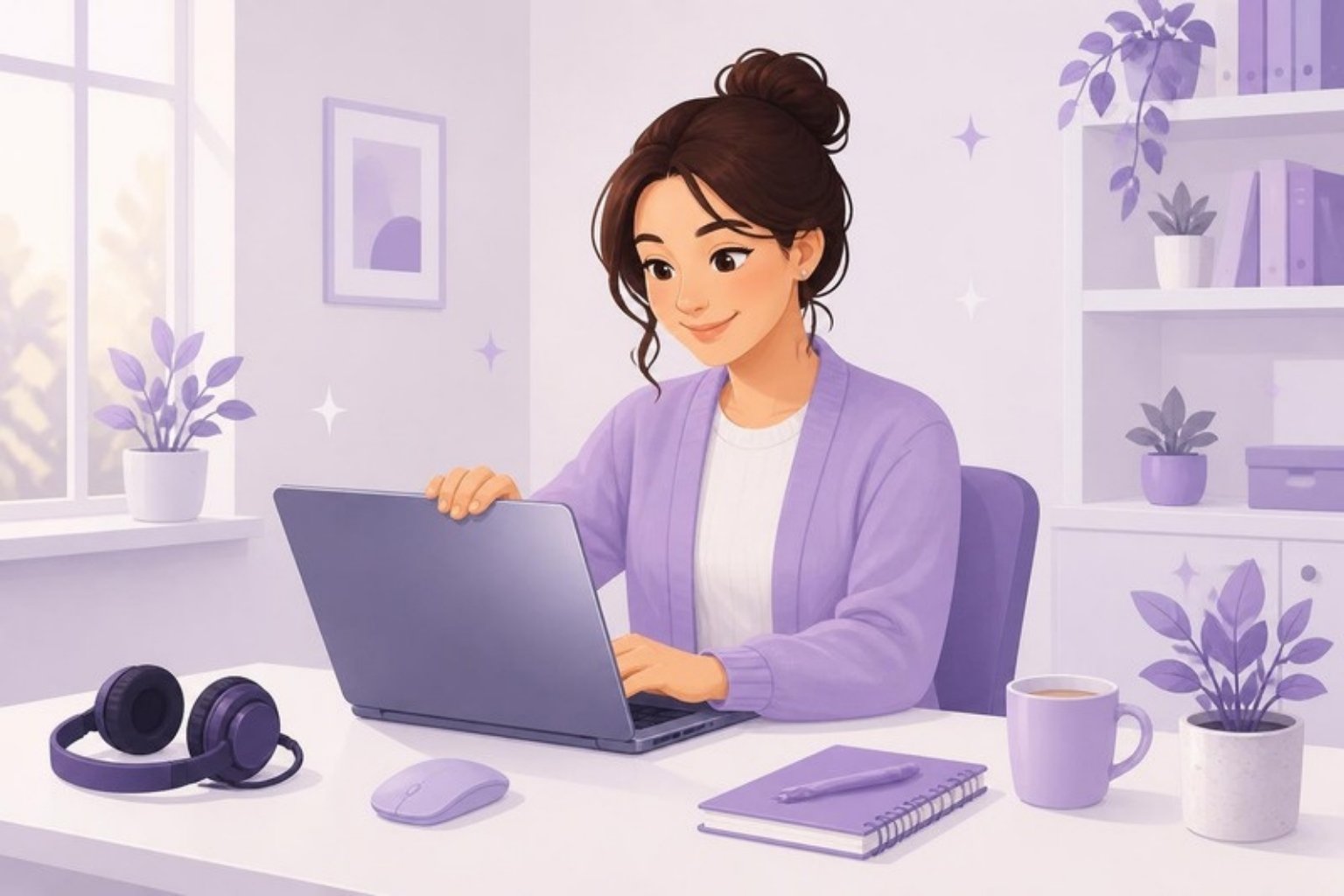 Illustration: en ny medarbejder åbner sin bærbare computer ved skrivebordet