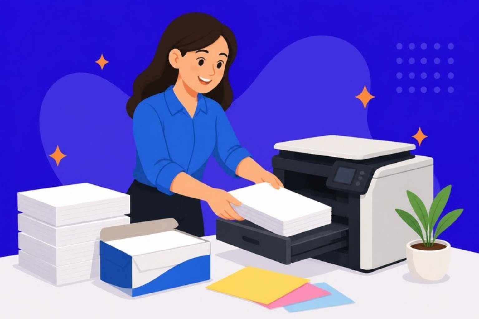 Illustration: en medarbejder lægger kopipapir i en printer