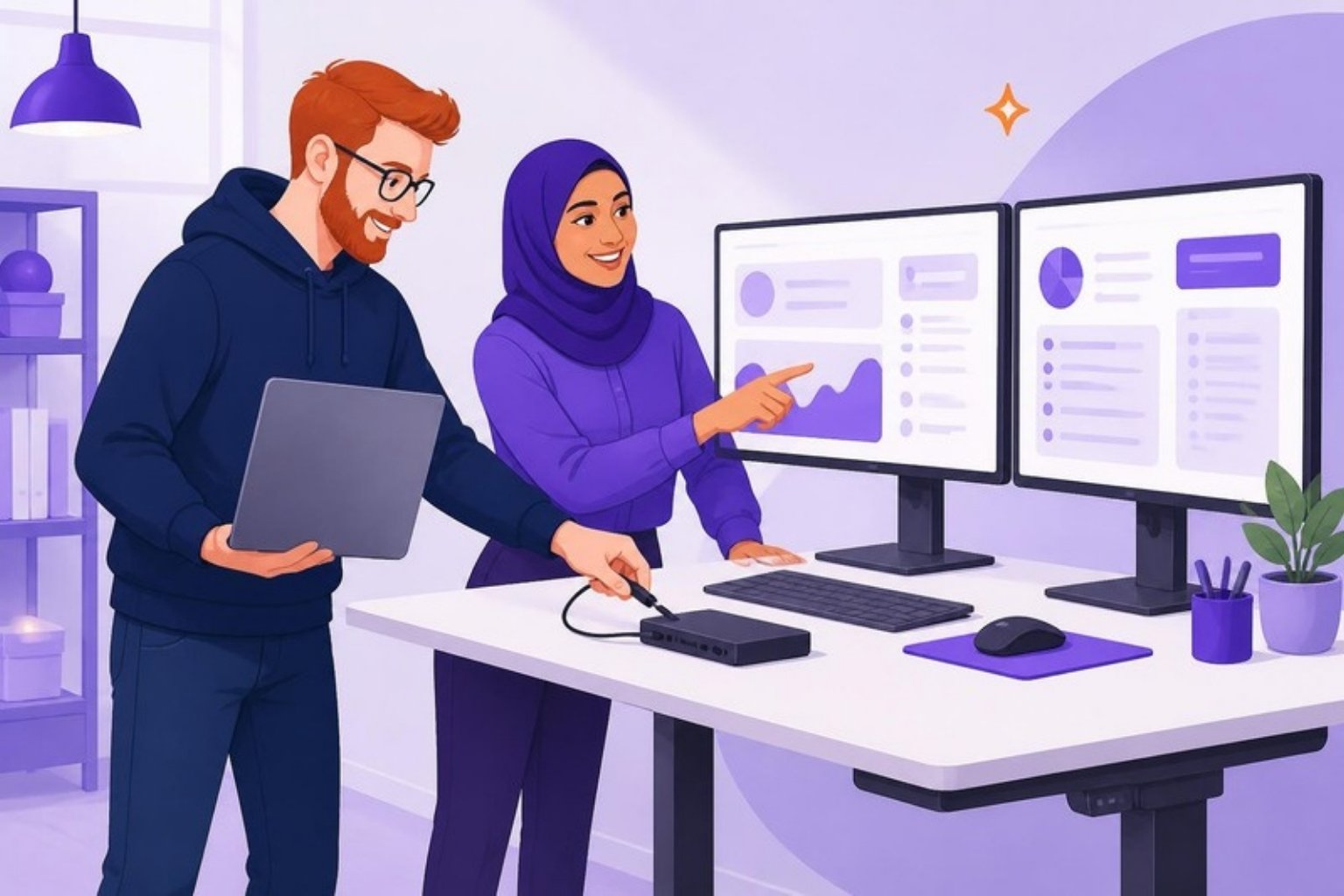 Illustration: en medarbejder med en bærbar computer ved et hæve-sænkebord med to skærme, mens en kollega peger på den ene skærm