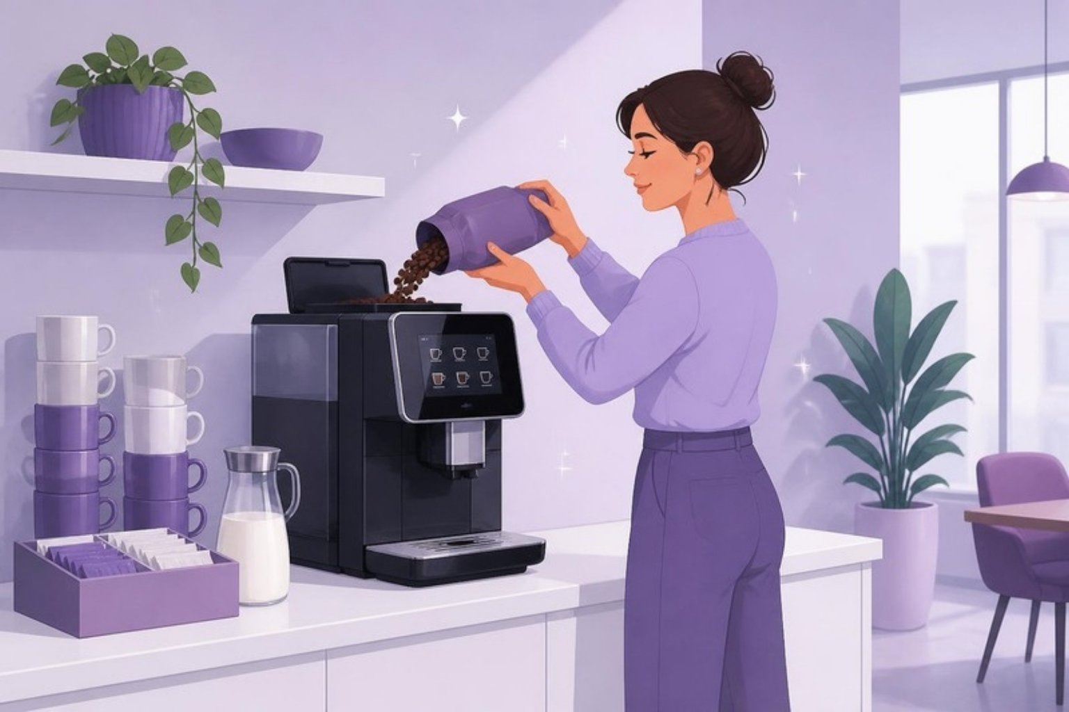 Illustration: en medarbejder fylder kaffebønner i kaffemaskinen i tekøkkenet
