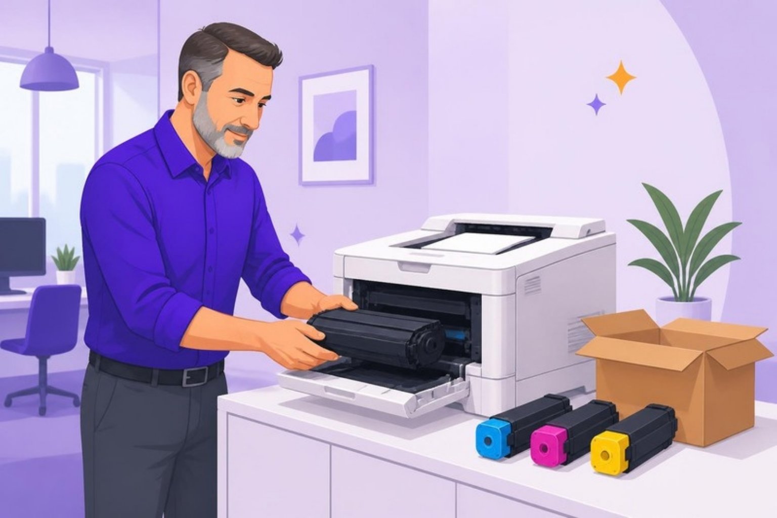 Illustration: en medarbejder sætter en ny tonerpatron i en printer