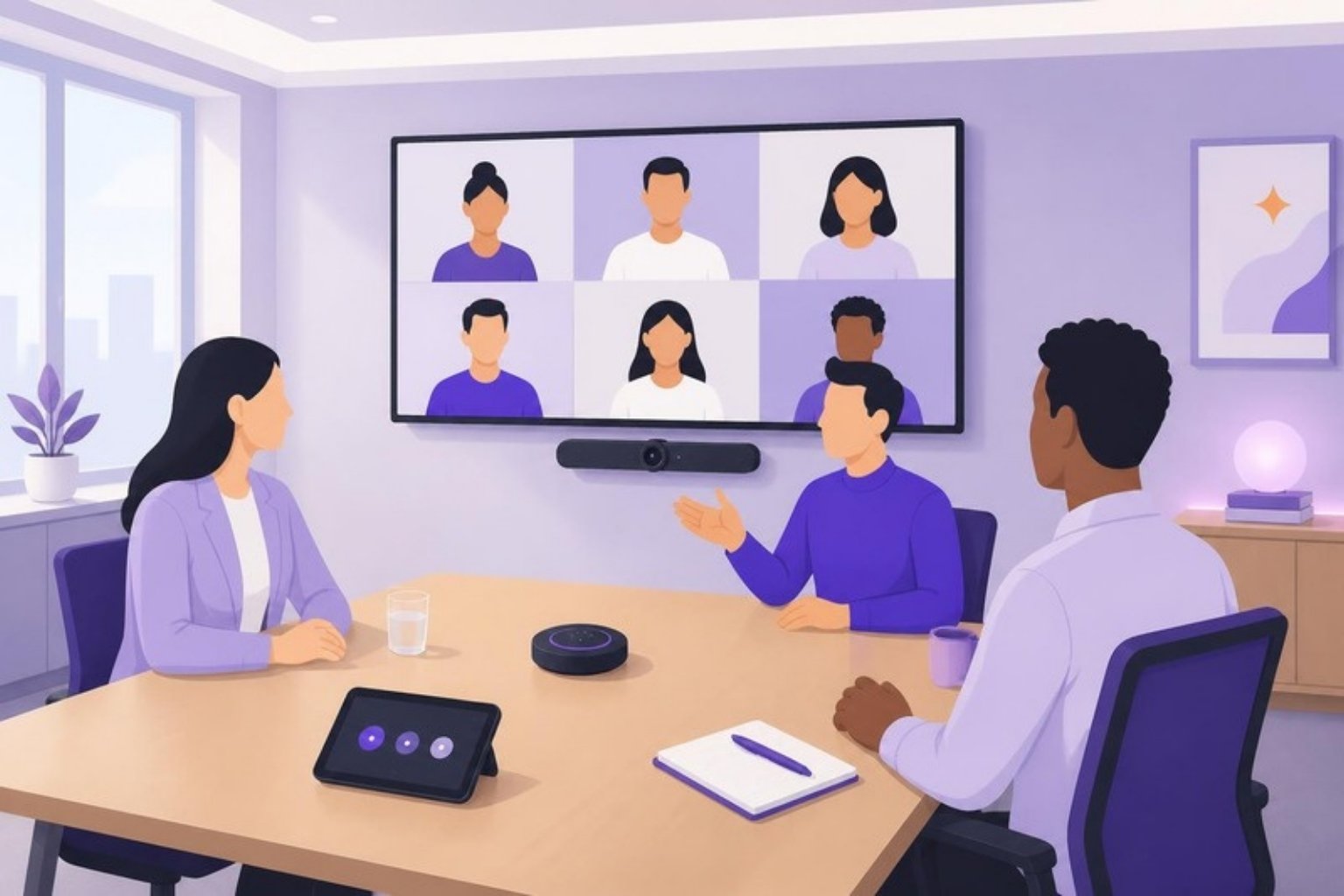 Illustration: et moderne mødelokale med en videobar og en stor skærm på væggen, hvor medarbejdere deltager i et videomøde