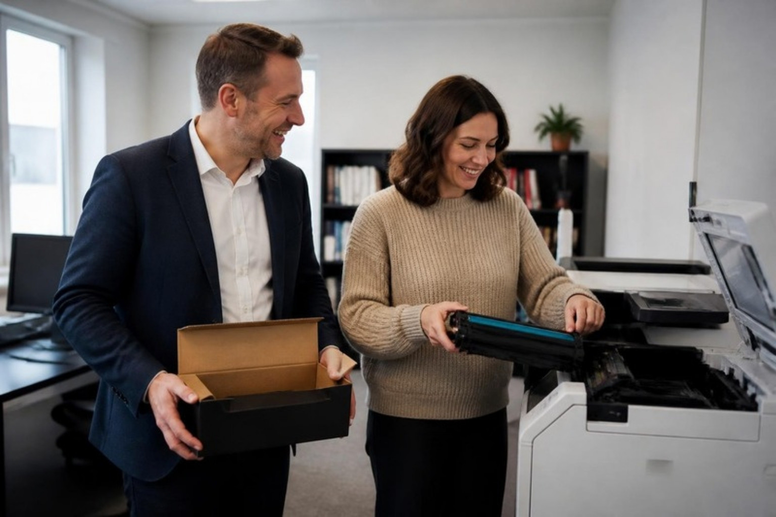 AI-genereret billede: to medarbejdere skifter toner i kontorets printer