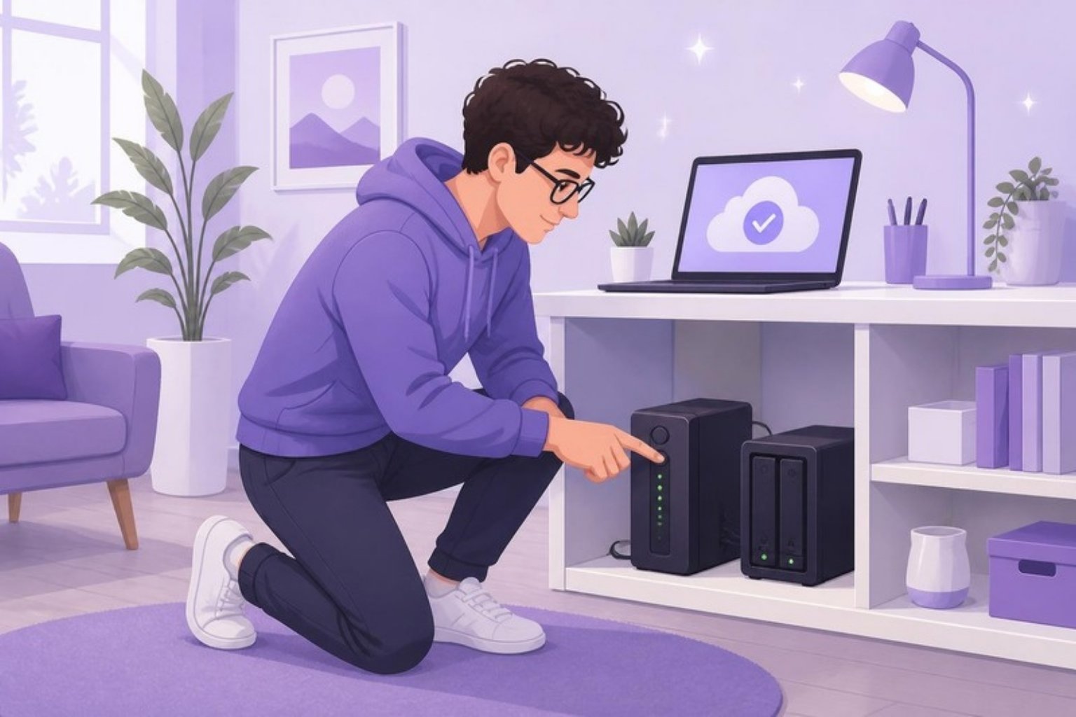 Illustration: en medarbejder tjekker UPS og backupenhed på hylden