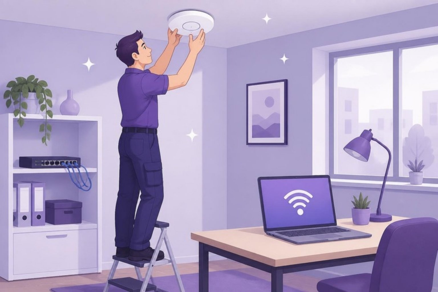 Illustration: en medarbejder sætter et access point op i loftet