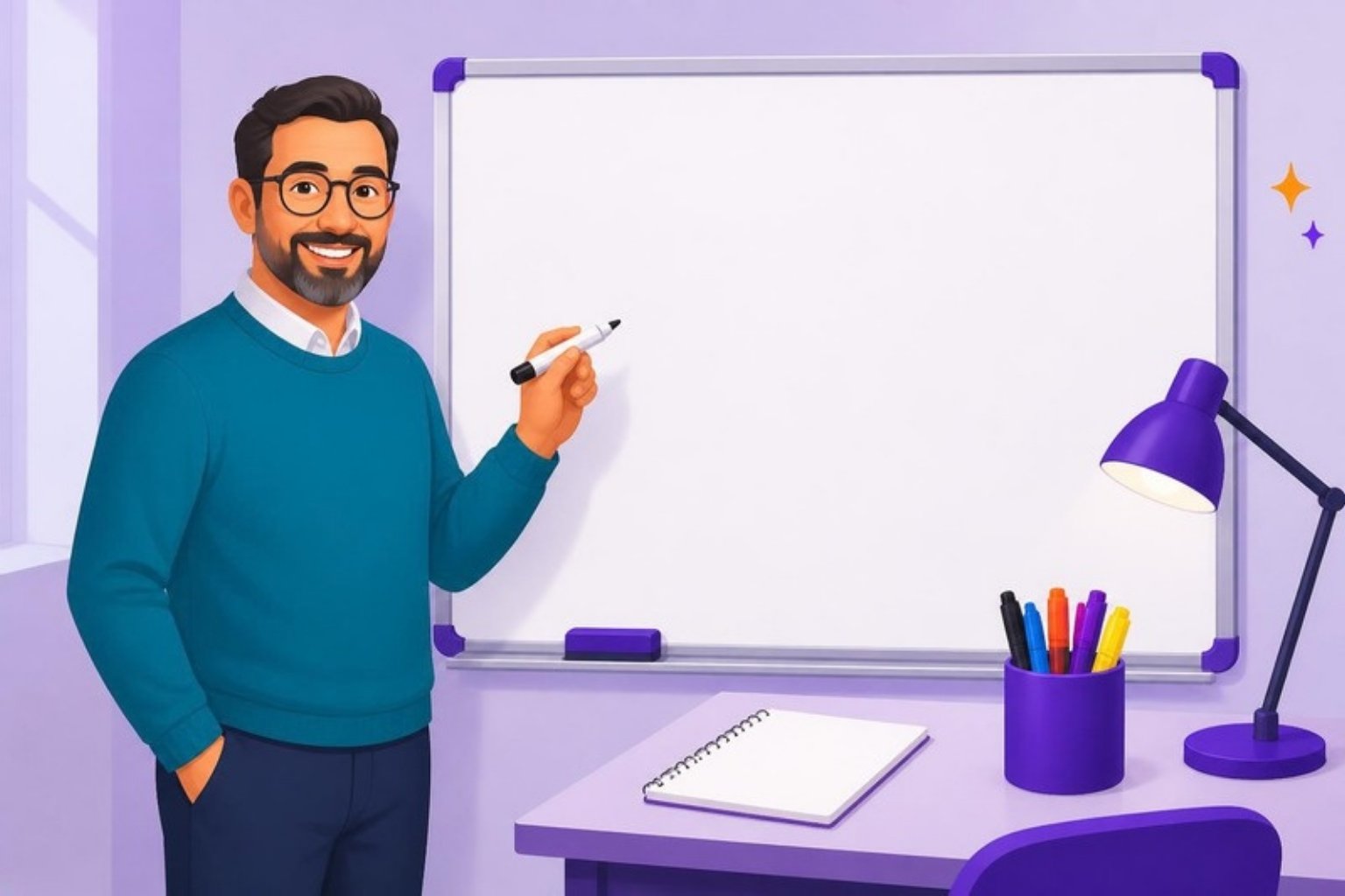 Illustration: en smilende medarbejder med en whiteboardmarker ved en tom tavle og et skrivebord med et pennebæger, en notesblok og en lampe