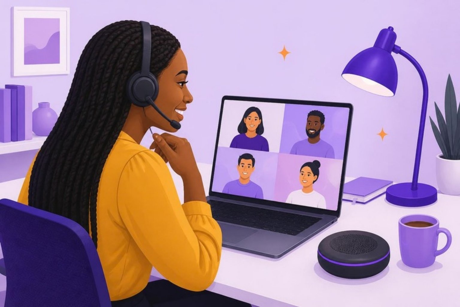 Illustration: en smilende medarbejder med headset holder videomøde på en bærbar computer, med en konferencehøjttaler og en kop på skrivebordet