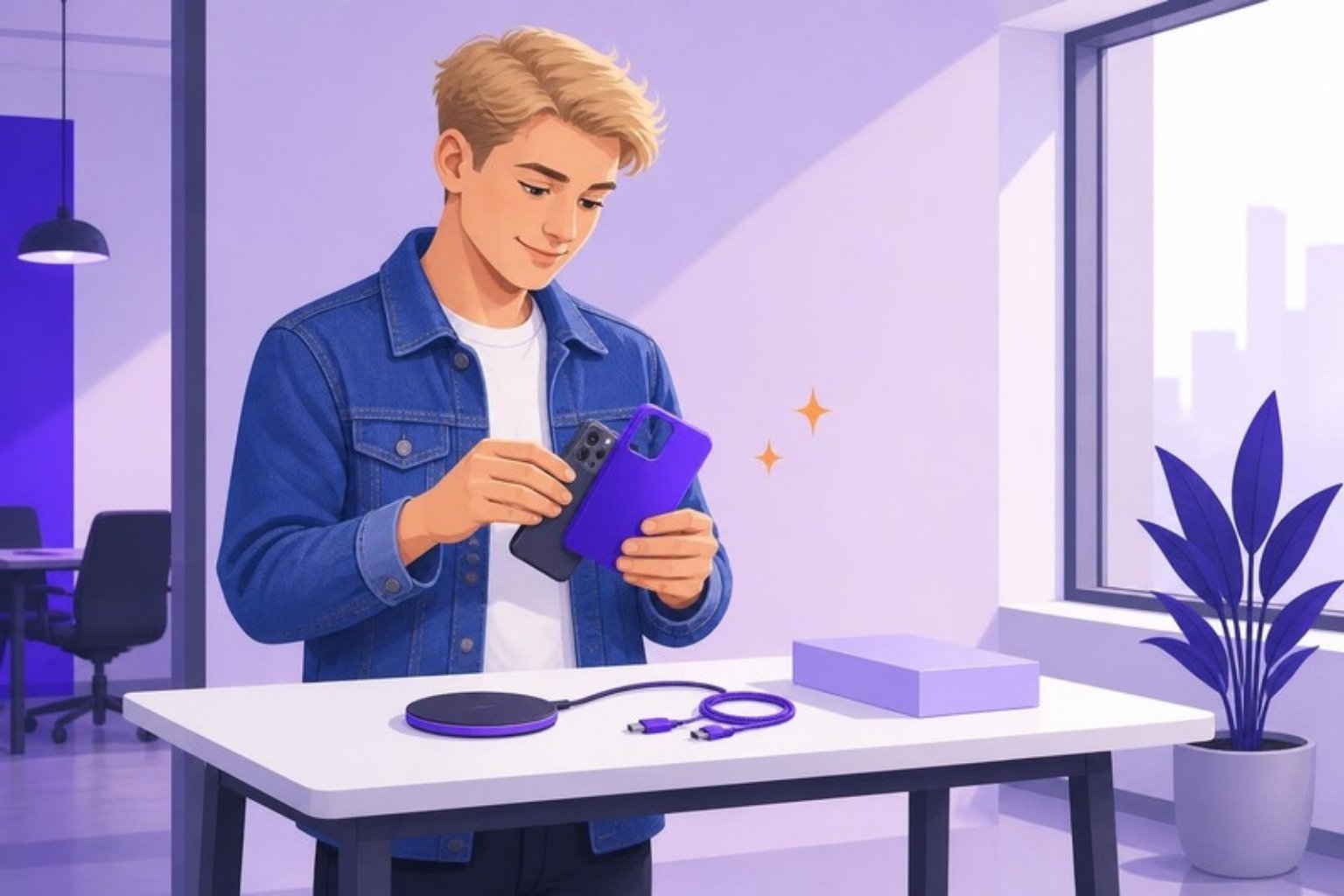 Illustration: en medarbejder sætter et cover på en smartphone ved et højt bord med en trådløs oplader, et kabel og en lille æske