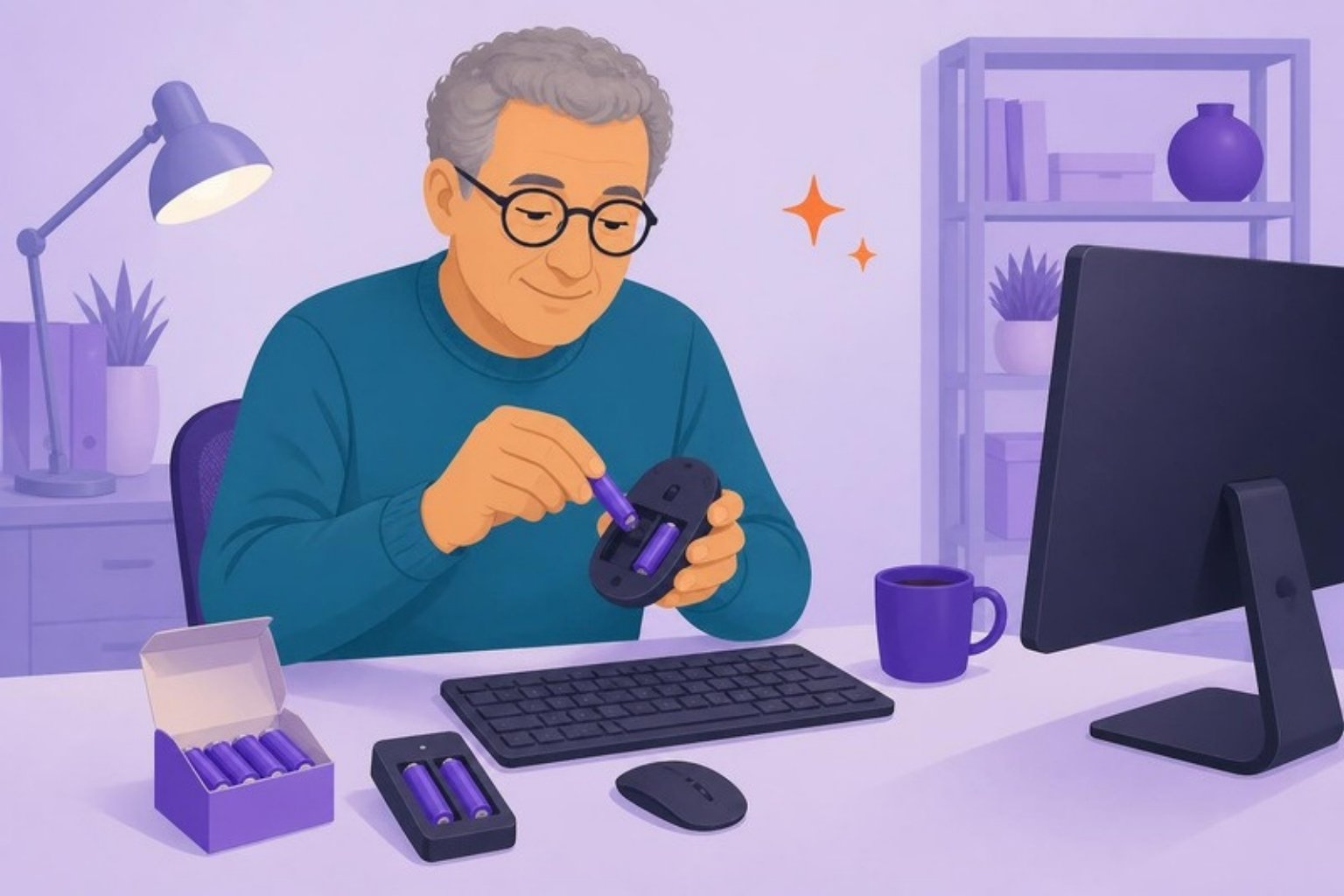 Illustration: en medarbejder skifter batterier i en trådløs mus ved et skrivebord med tastatur, en lille æske batterier og en batterioplader