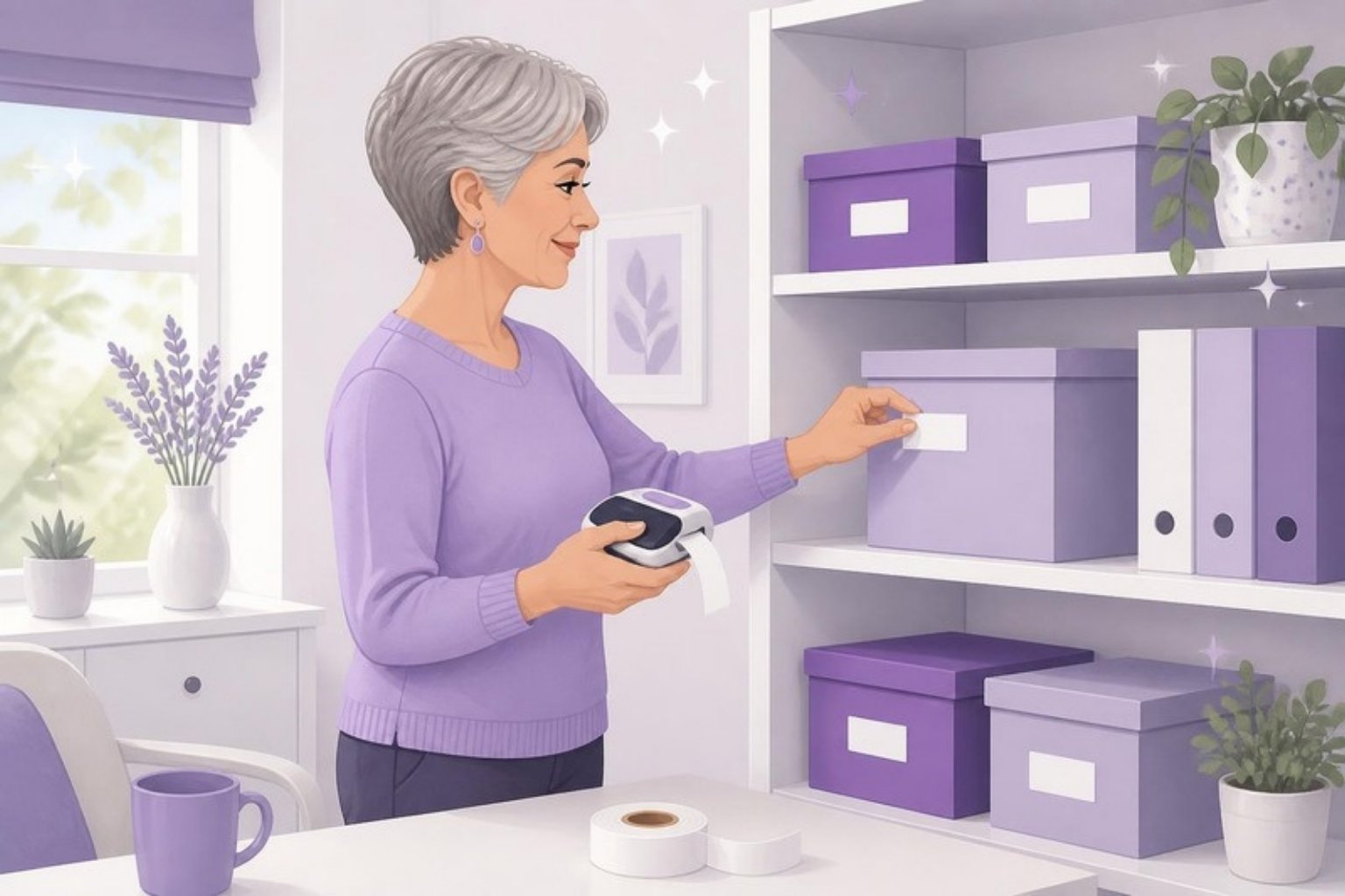 Illustration: en medarbejder mærker en arkivkasse med en etiketprinter
