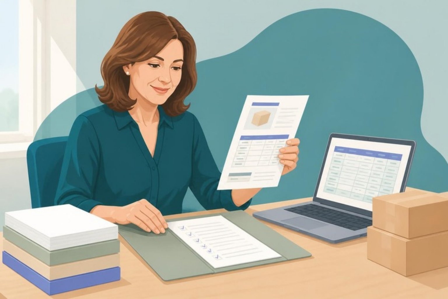 Illustration: en indkøber gennemgår datablade for varerne