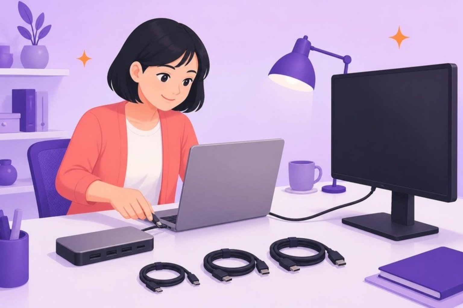 Illustration: en medarbejder sætter et kabel i en bærbar computer ved et skrivebord med en skærm, en dockingstation og et par sammenrullede kabler