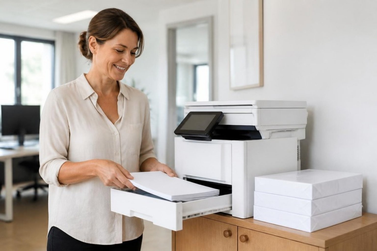 AI-genereret billede: en medarbejder fylder kopipapir i printerens papirbakke