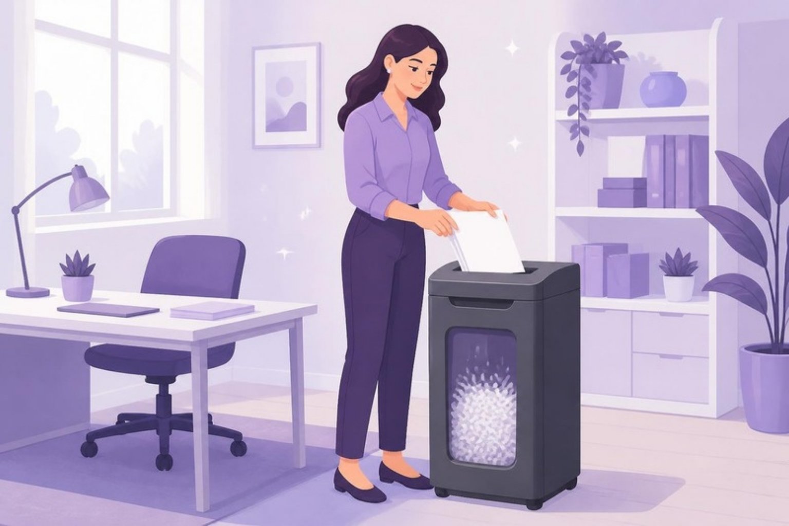 Illustration: en medarbejder makulerer papirer i en makulator
